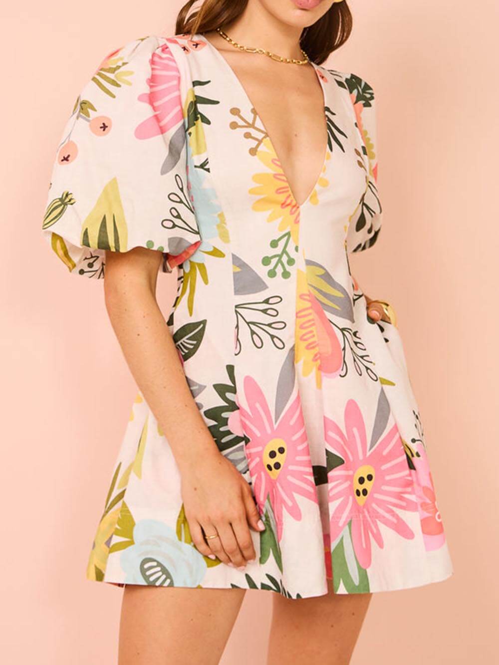 Puff Sleeve Floral Print Pocketed Mini Dress