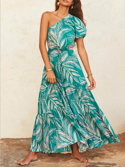 Off-Shoulder Palm Leaf Print Holiday Style Floral Dress