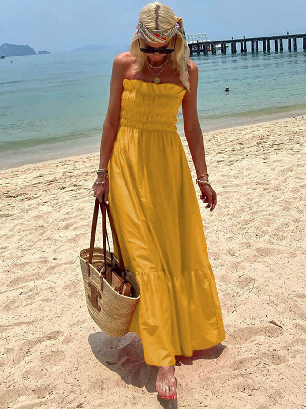 Off Shoulder Smocked Bust Vacation Maxi Dress